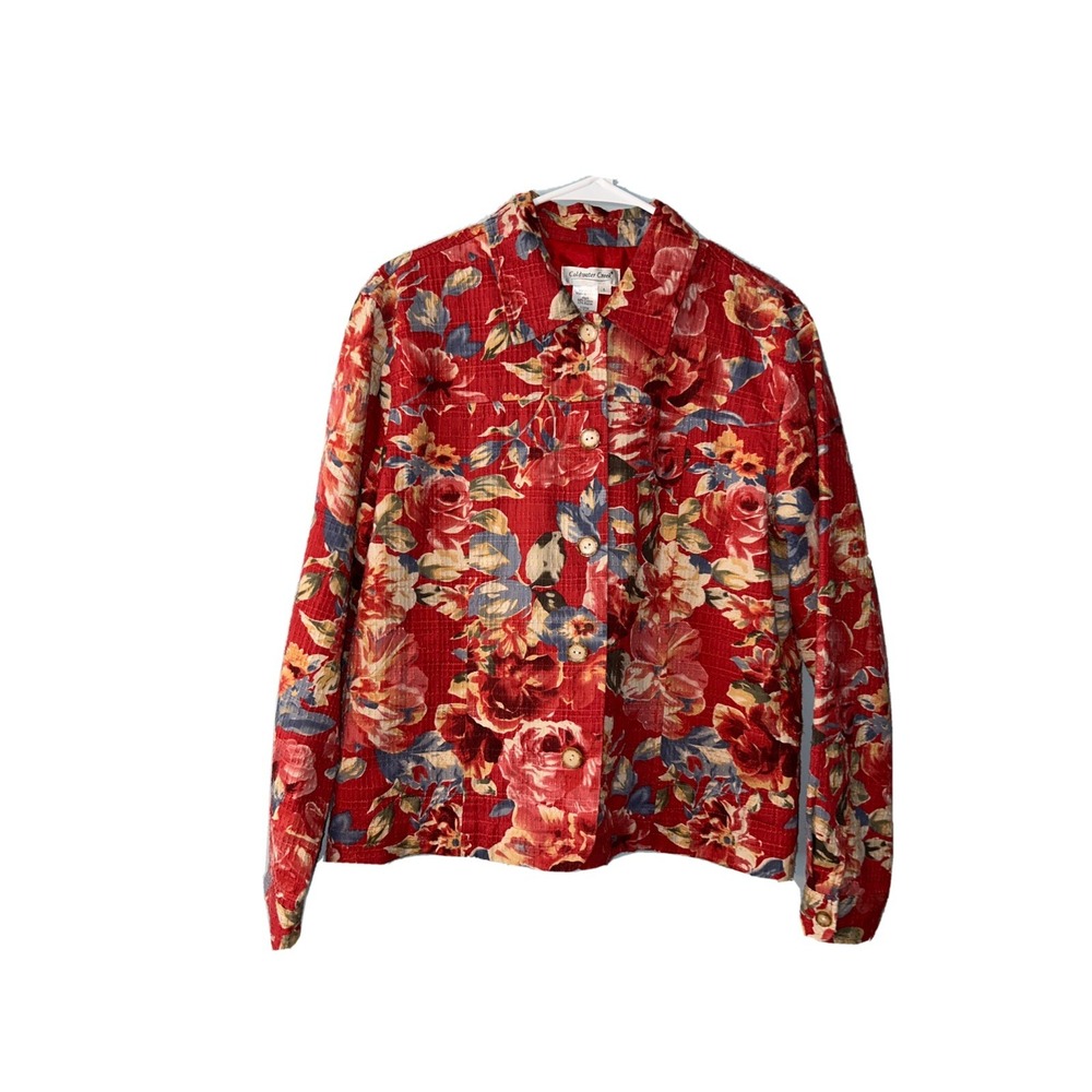 Coldwater Creek Jacket Women's Size L Red Textured Floral Leaves Long Sleeves